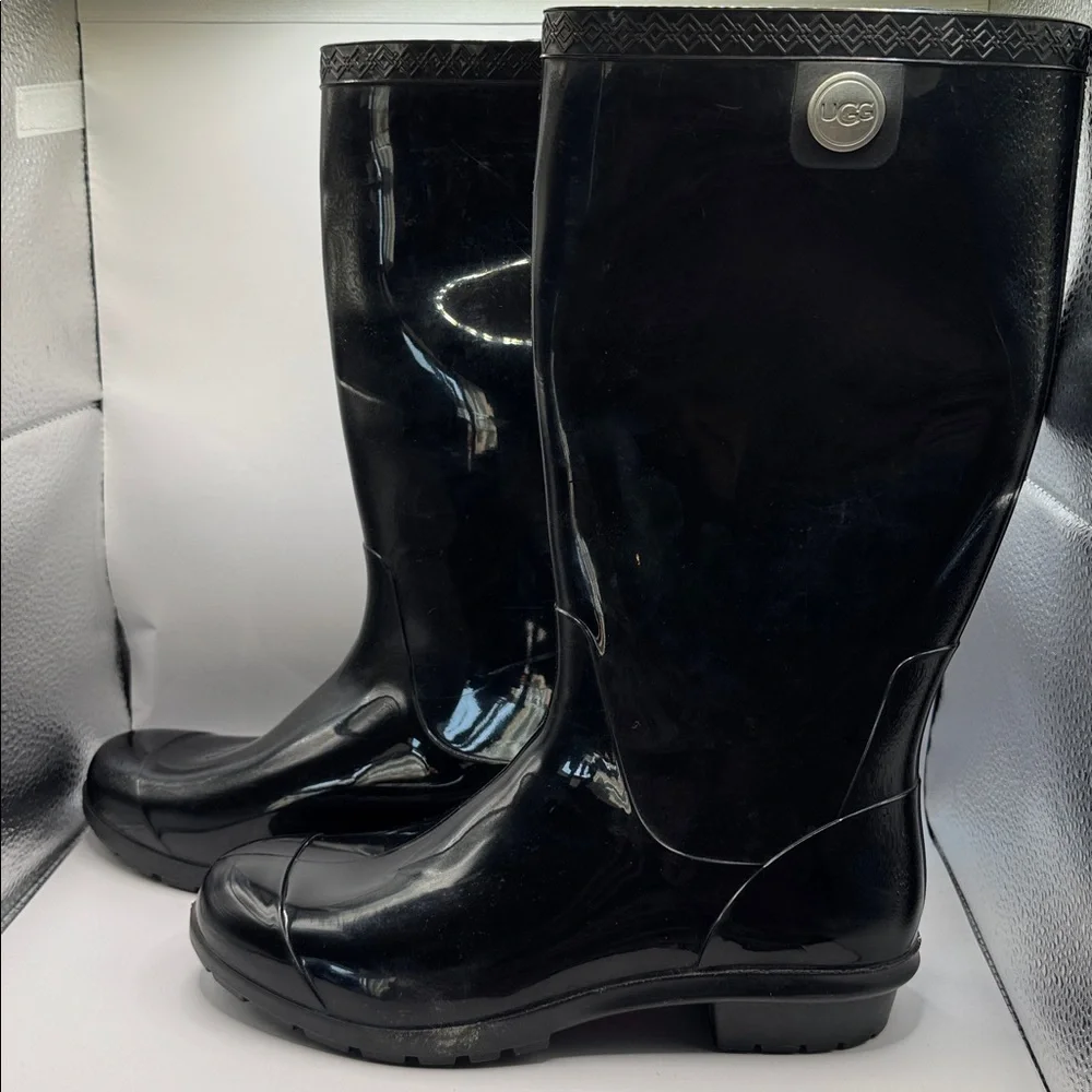 UGG Shaye Gloss Tall Rain Boots Black Waterproof Rubber Boot Size 8